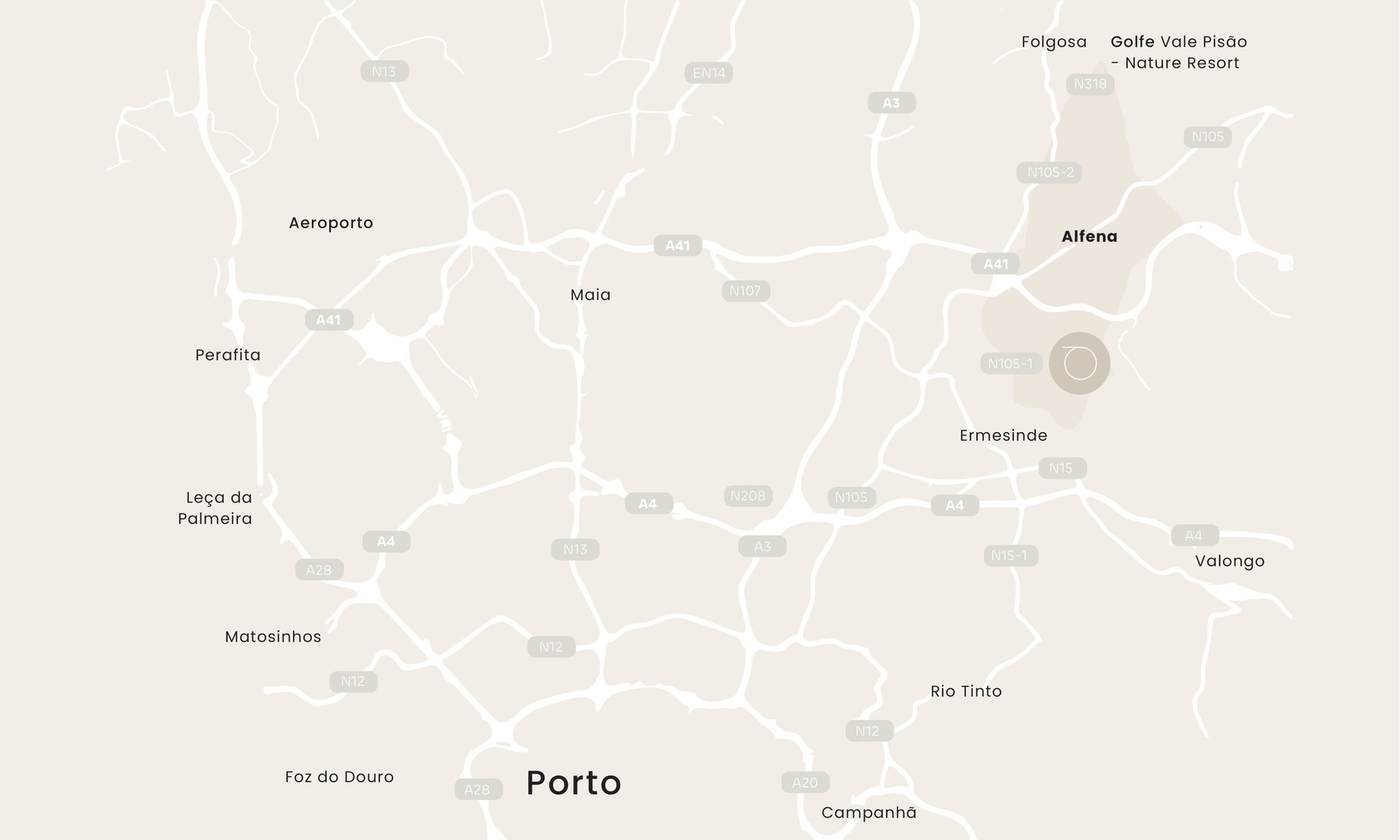 Mapa estilizado · Alfena e a região do Porto